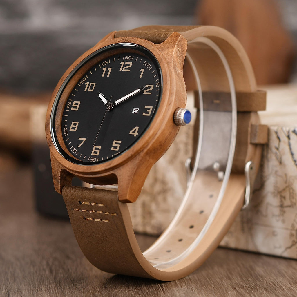 LMWOOD Engraved Wood Watch for Men Walnut Leather Strap Anniversary Birthday Personalized Watch for Husband Dad Son