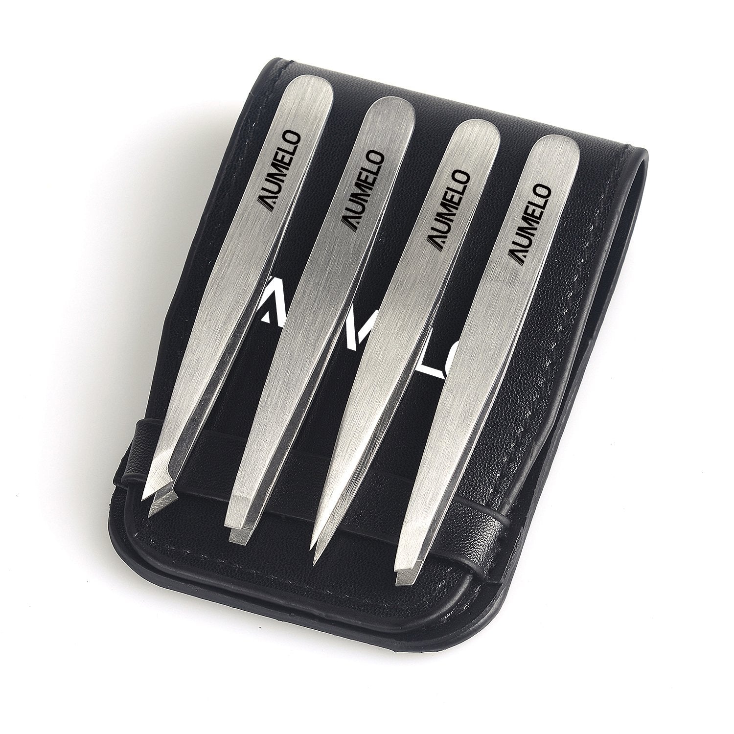 Tweezers Set 4-Piece Professional Stainless Steel Tweezers Gift with Travel Case by Aumelo - Best Precision Eyebrow and Splinter Ingrown Hair Removal Tweezer Tip,No Colored & Chemical Free