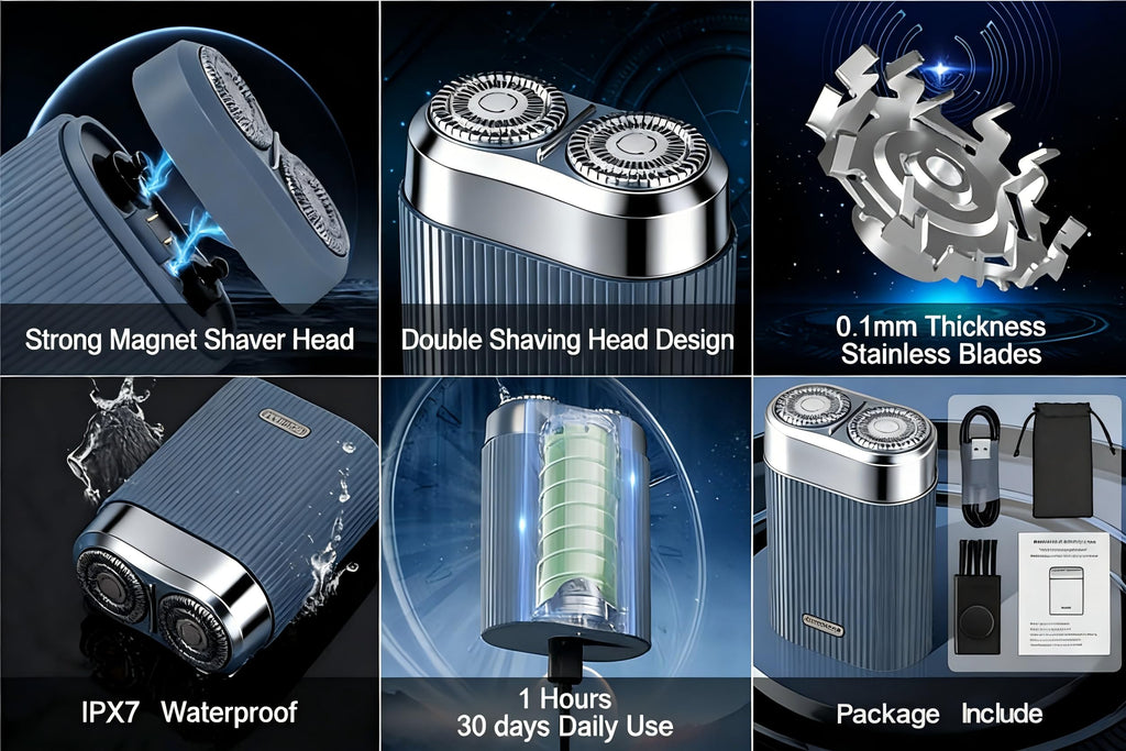 Dual Head Electric Shaver for Men, Rechargeable USB Portable Razor, Wet & Dry Washable Rotary Shaver, Compact Travel Shaver (Navy Blue)
