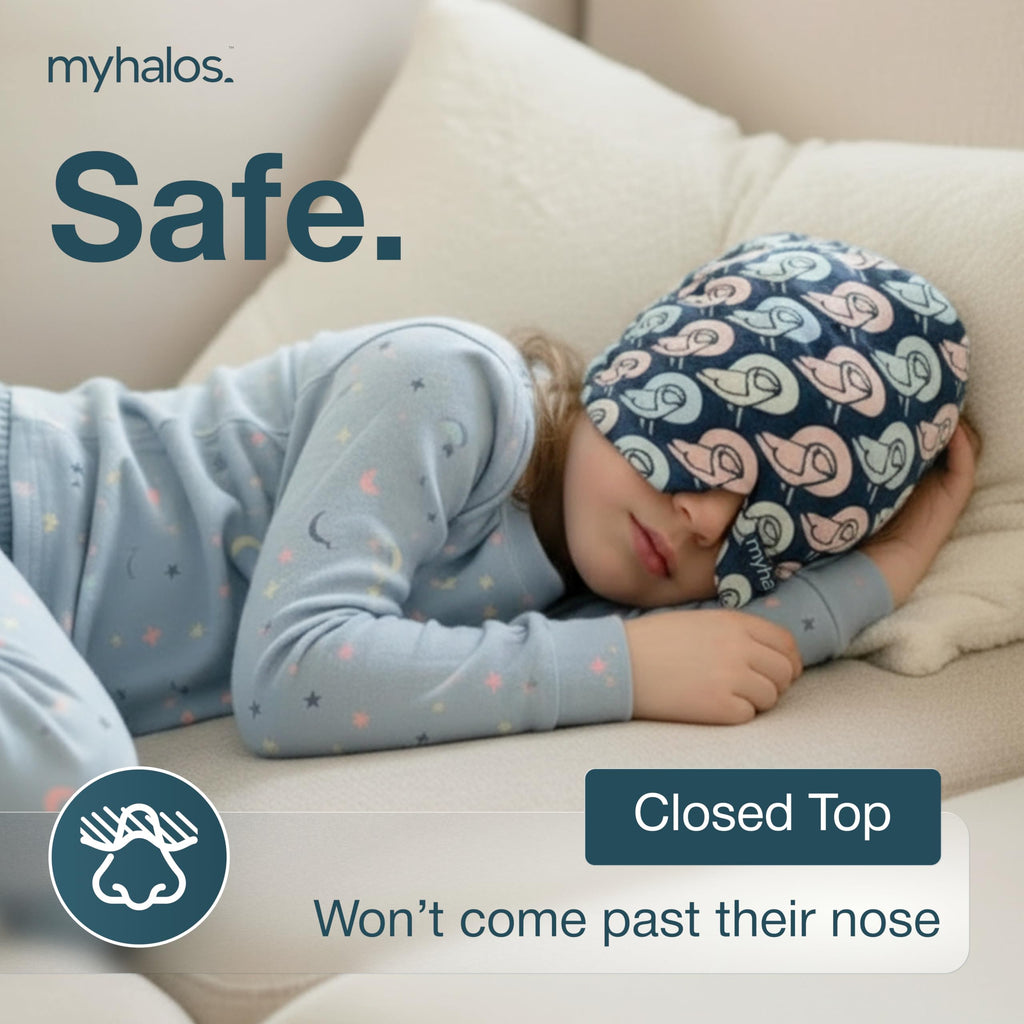 MyHalos® Children's Migraine Relief Cap - Kids Headache Relief for Fever, Bumps & Bruises - Cooling Gel Headache Ice Pack - Ice Pack Hat for Boo Boos - Cold Head Wrap (Multicolor)