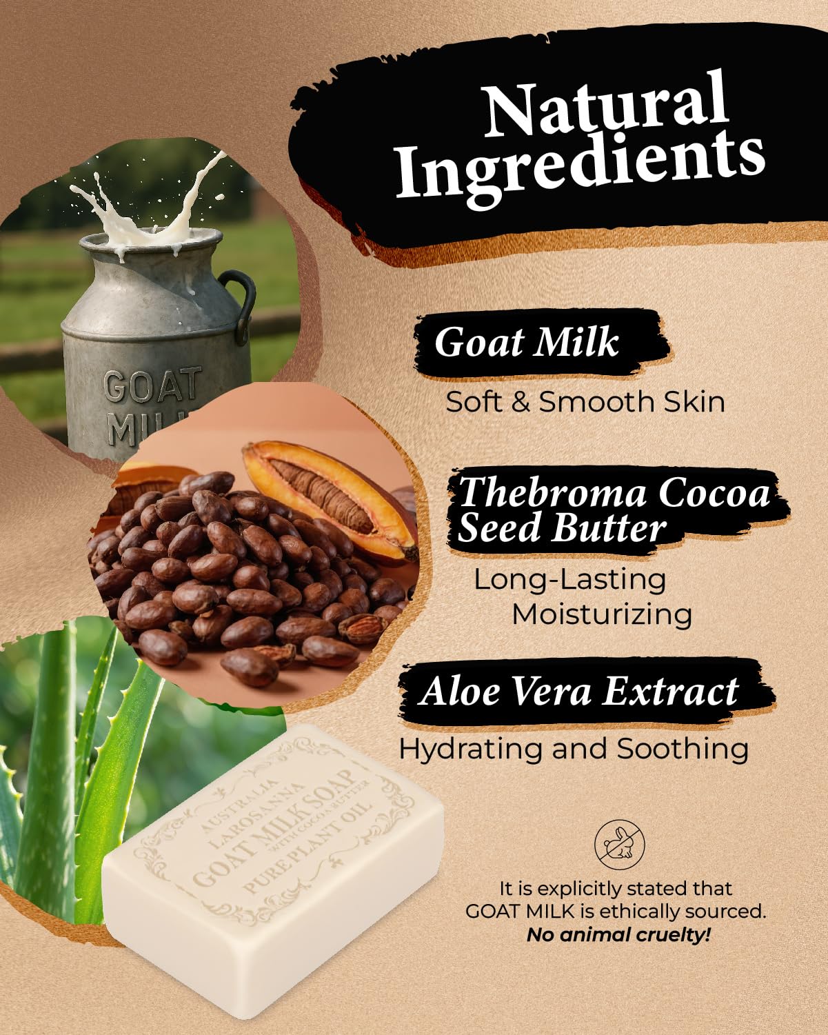 larosanna Australian Goat Milk Soap Pack of 1,Helps Moisturize,Smooth & Cleanse Skin,Triple-milled Bar Soap with Cocoa Butter,Aloe Vera and Pure Plant Oil,Body Soap Bars 6.3 oz for Adults & Babies