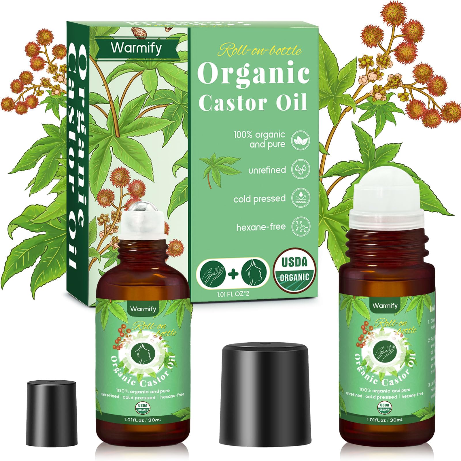 Warmify 2-in-1 Castor Oil Roll On for Face & Hands, Organic Cold Pressed, Hexane-Free, Unrefined Glass Bottle – Targeted Roller Balls for Eye, Lip, Skin, Nail & Cuticle Care – 2 x 1 fl.oz