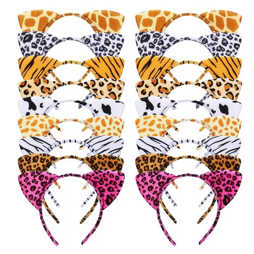 Hoemwarm 18 Pcs Animal Cat Ears Headband Cheetah Ears Hair Accessories,Halloween Cat Ears Hairband Tiger Zebra Leopard Headband for Forest Theme Birthday Cosplay Party,Halloween Decor Supplies