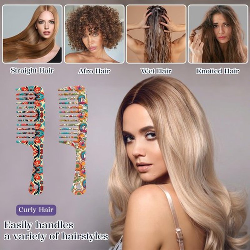 GABraden 2PCS Wide Tooth Comb,Effortless Tangle Removal for Long Hair Styling Comb for Curly,Wet,Cute Aesthetic Design for Women Men and Girls(Orange-Bohemia-20)