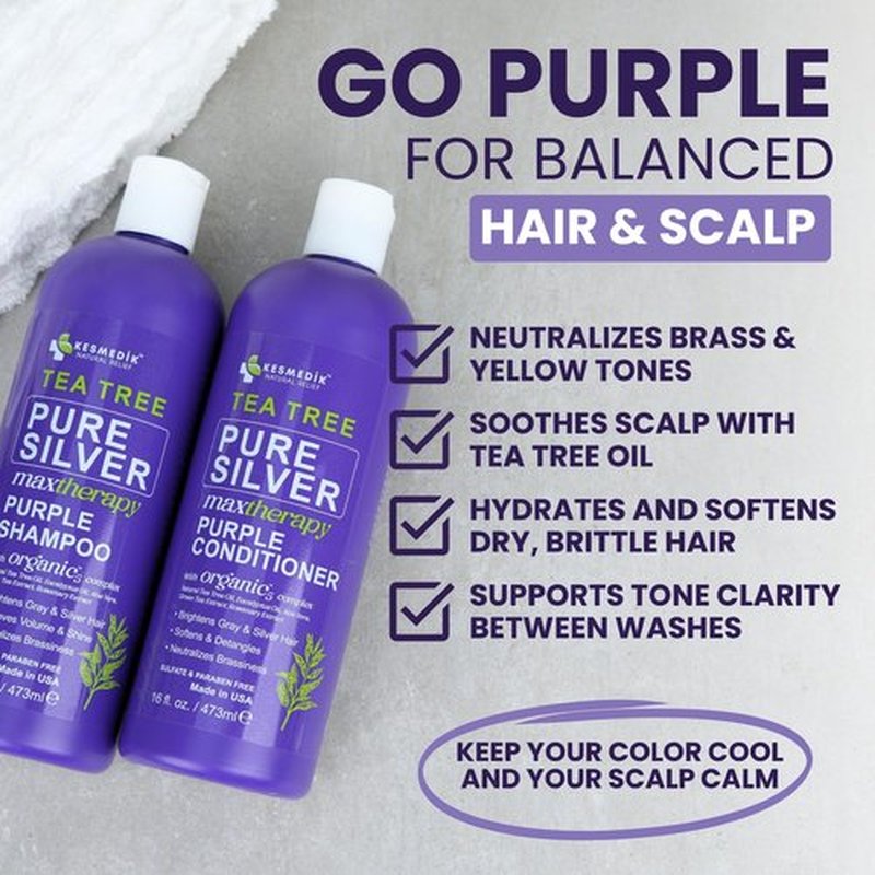 Tea Tree Purple Shampoo & Conditioner Set with Rosemary & Aloe, Professional Anti Brass Toner, Removes Yellow Tones for Gray, Bleached, White & Blonde Hair, Refreshes Scalp, Sulfate-Free