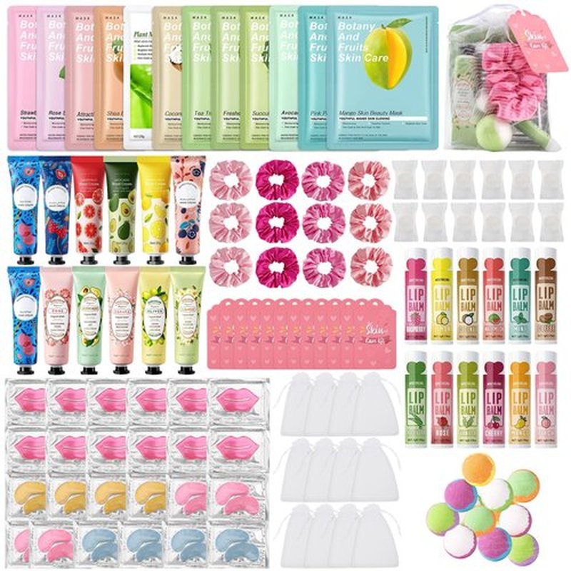 Jutqut 120PCS Spa Party Supplies for Girls, Include Facial Masks, Lip Mask, Under Eye Patches, Lip Balm, Foot Bath Bombs, Hand Cream, Compressed Towel, Hair Band, Sleepover Party Supplies for Girls