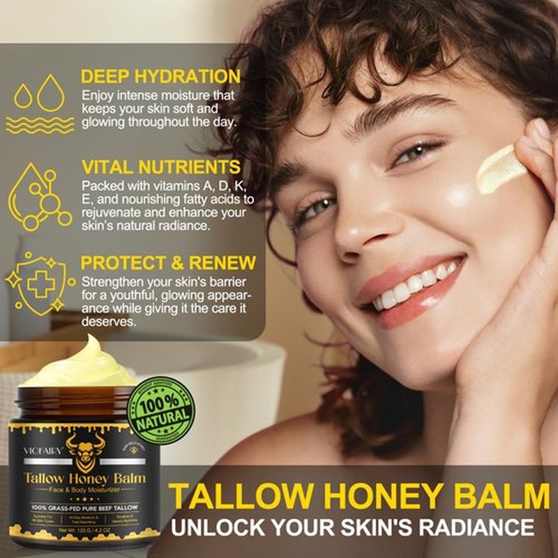 Tallow and Honey Balm for Face - Beef Tallow for Skin - 100% Organic Grass-Fed Beef Tallow & Raw Wild Honey -Moisturizing Cream for Soft, Smooth Skin- Light Scent, Moisturizing Natural Formula, 4.0 Oz