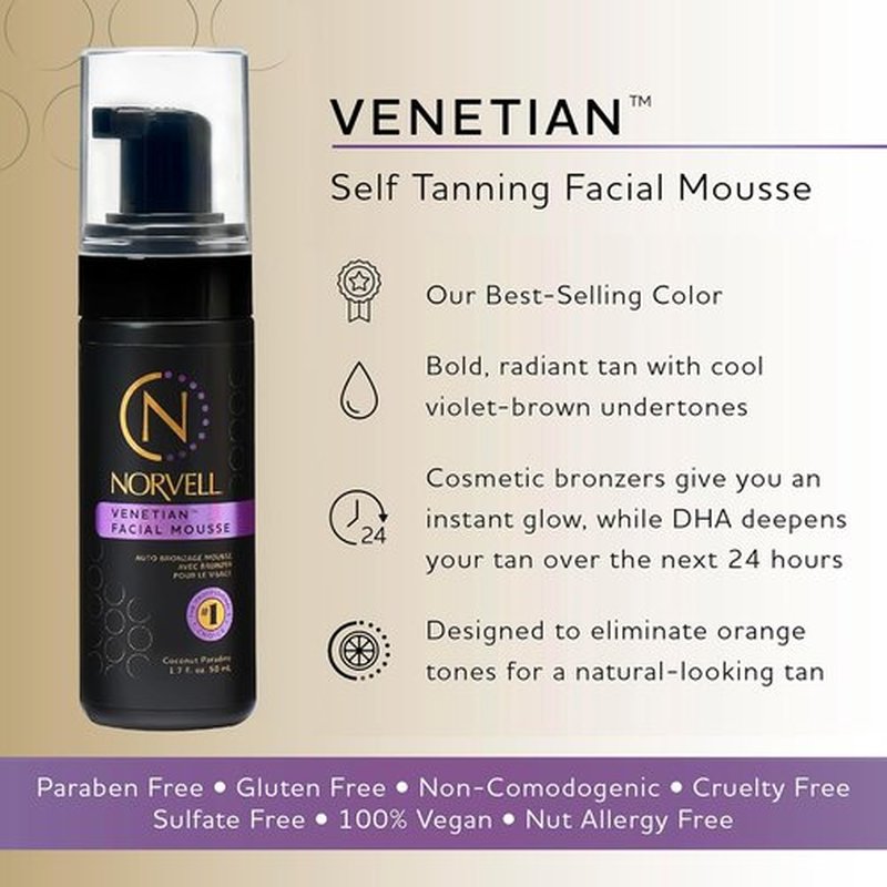 Norvell Venetian Sunless Facial Tanner Mousse - Instant Natural Glow, Streak-Free, 1.7 fl oz