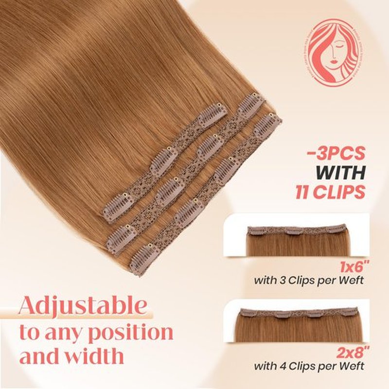 Elailite Clip in Hair Extensions Real Human Hair 3PCS Lace Weft Remy Hairpieces for Women 14 Inch 66g Light Auburn