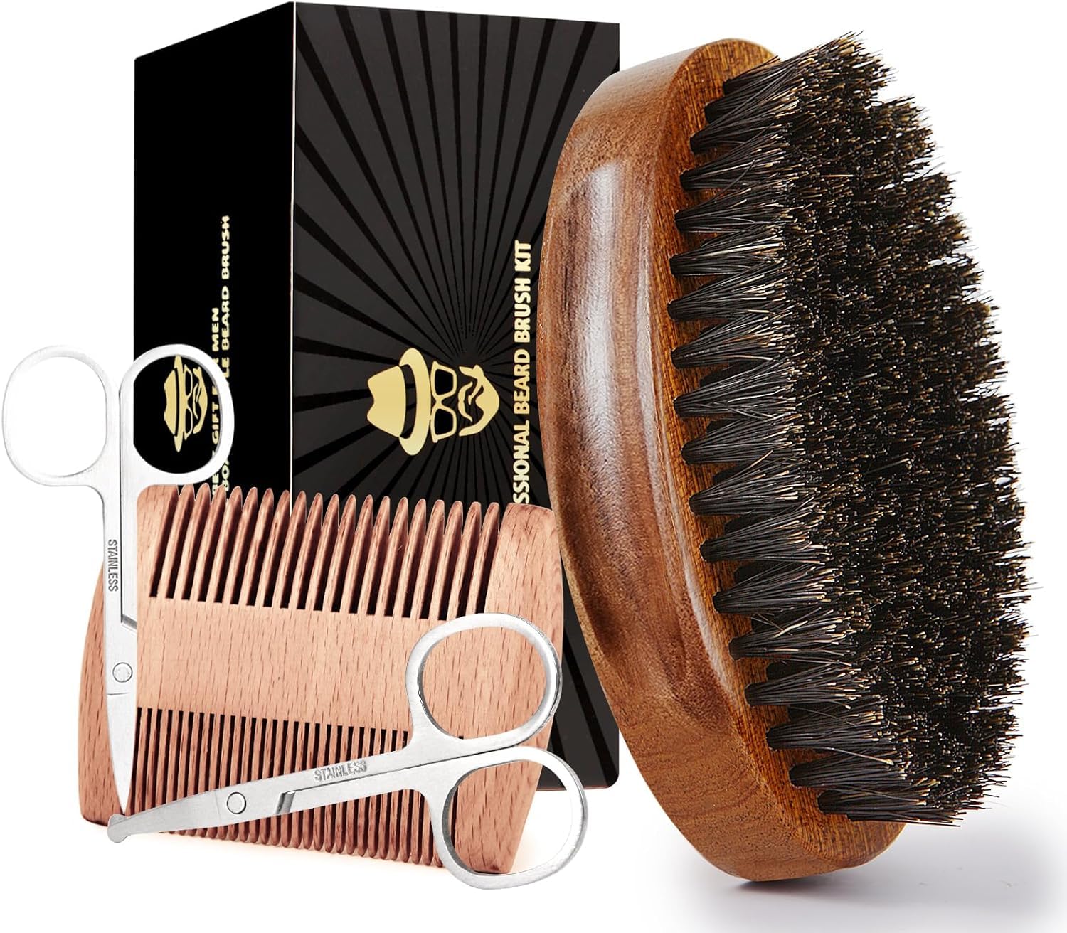 Sosoon Boar Bristle Beard Grooming Set for Men - Rectangular Brush, Comb, 2 Mustache Scissors, Travel Bag