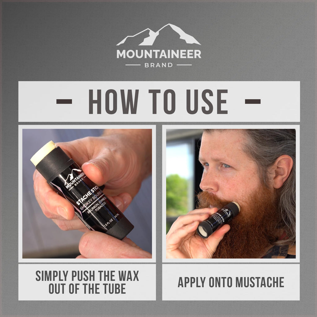 Mountaineer Brand Stache Stick | Mustache Wax for Men | 100% Natural Beeswax and Plant Based Oils | Grooming Beard Moustache Wax | Strong Hold | Smooth, Condition, Styling Balm | Essential 7 | 1.5oz
