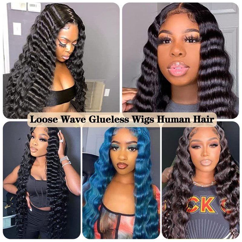 Wear and Go Glueless Wigs Human Hair Pre Plucked Pre Cut Loose Deep Wave 5x5 HD Closure Wigs Human Hair 200% Dentisy 12A Glueless Wig Human Hair Bleached Knots Loose Wave Wig (22 Inch)