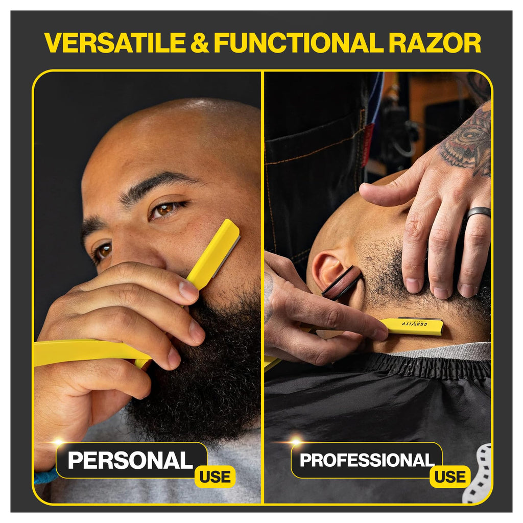 Gravity Razors Professional Straight Razor - Minimal Exposure Straight Razor Kit with 10 Derby Premium Blades (Yellow, Ultra Exposed 2mm Exposed - Yellow)