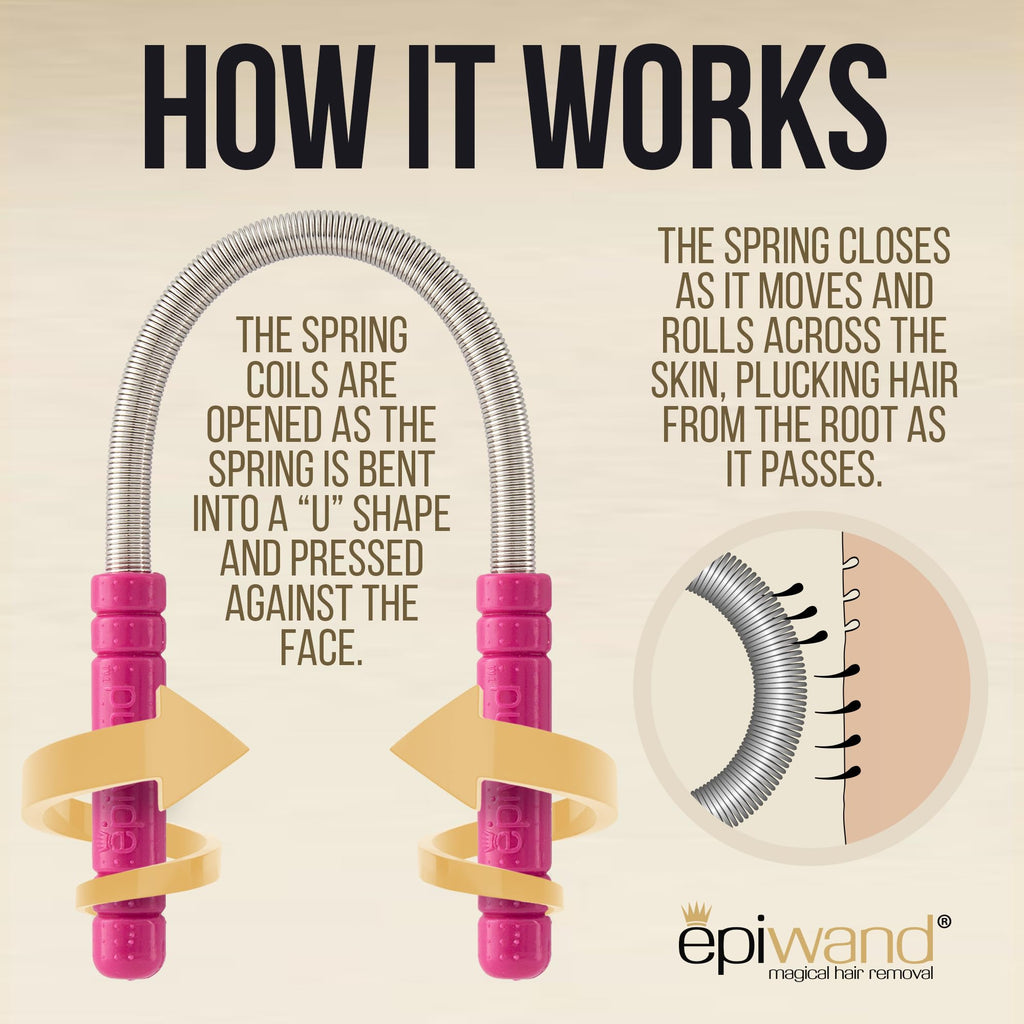 Epiwand Facial Hair Remover Spring Threading Tool - Our Women’s Facial Epilator Coil Removes Peach Fuzz, Chin, Cheek, Neck, Mustache and Upper Lip Hair Quickly - How to Use Instructions in Box.