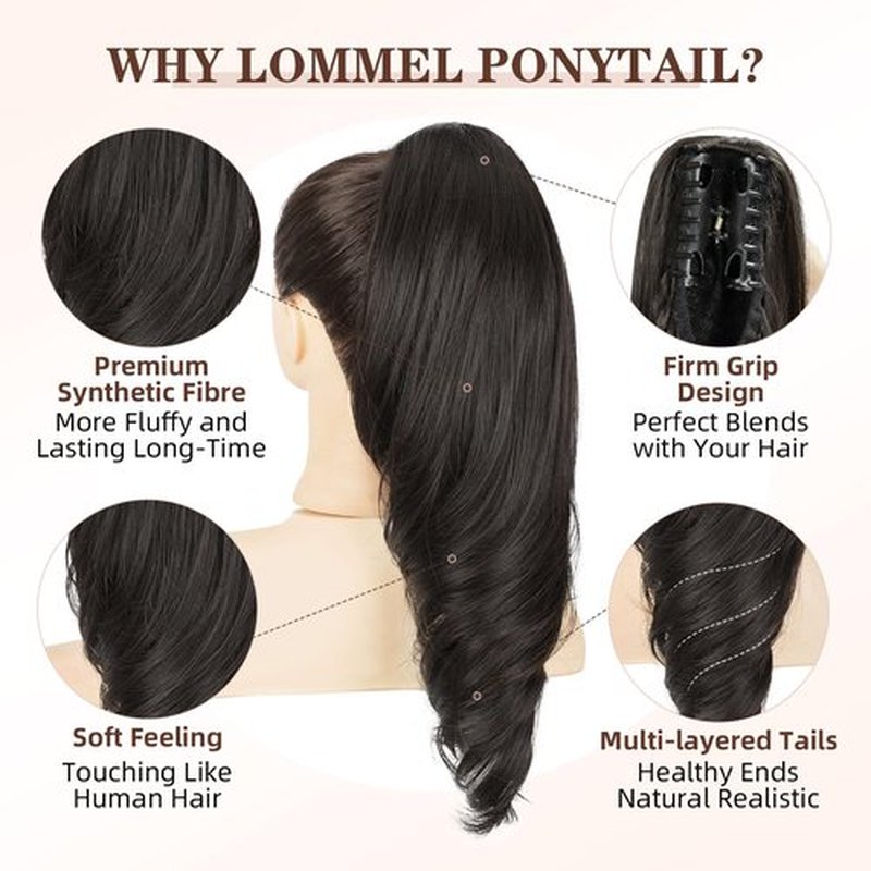 Lommel Claw Clip Ponytail Extension 18Inch Ponytail Extension Brown Black Wavy Curly Claw Clip in Ponytail Hair Extensions, Natural Fake Ponytail Synthetic Hairpiece for Women