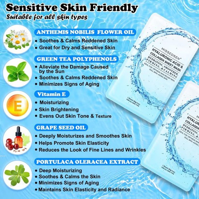 MISSEDSEN Collagen Face Mask with Hyaluronic Acid, Vitamin E Oil for Skin Care Hydrating, Moisturizing, Brightening & Anti Aging Face Masks Skincare for Oil, Dry, Acne, Sensitive All Skin Types 25PCS