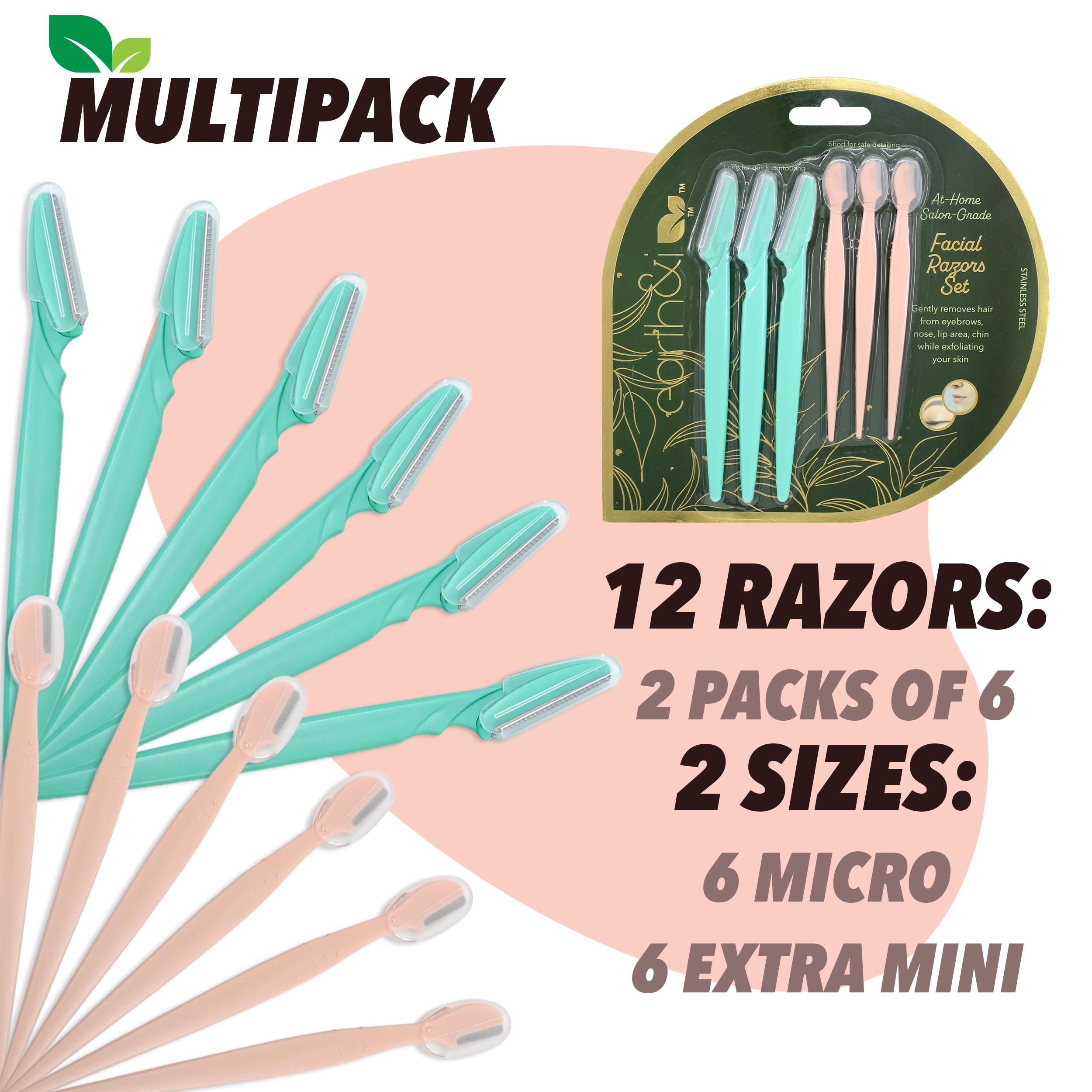 Earth & I 12 Count Dermaplaner Razor for Face 2 Sizes, Ladies Face Shaver for Peach Fuzz, Micro Blade Facial Razors for Women, Brow Shaper, Derma Blade, Dermabrasion, Facial Tools for Estheticians