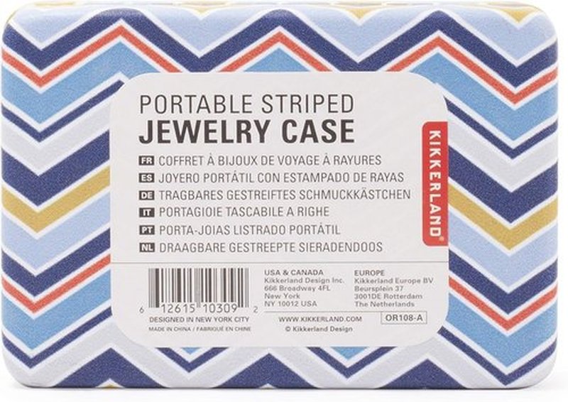 Kikkerland Portable Travel Jewelry Storage Case with Mirror - Striped Design, Compact Size