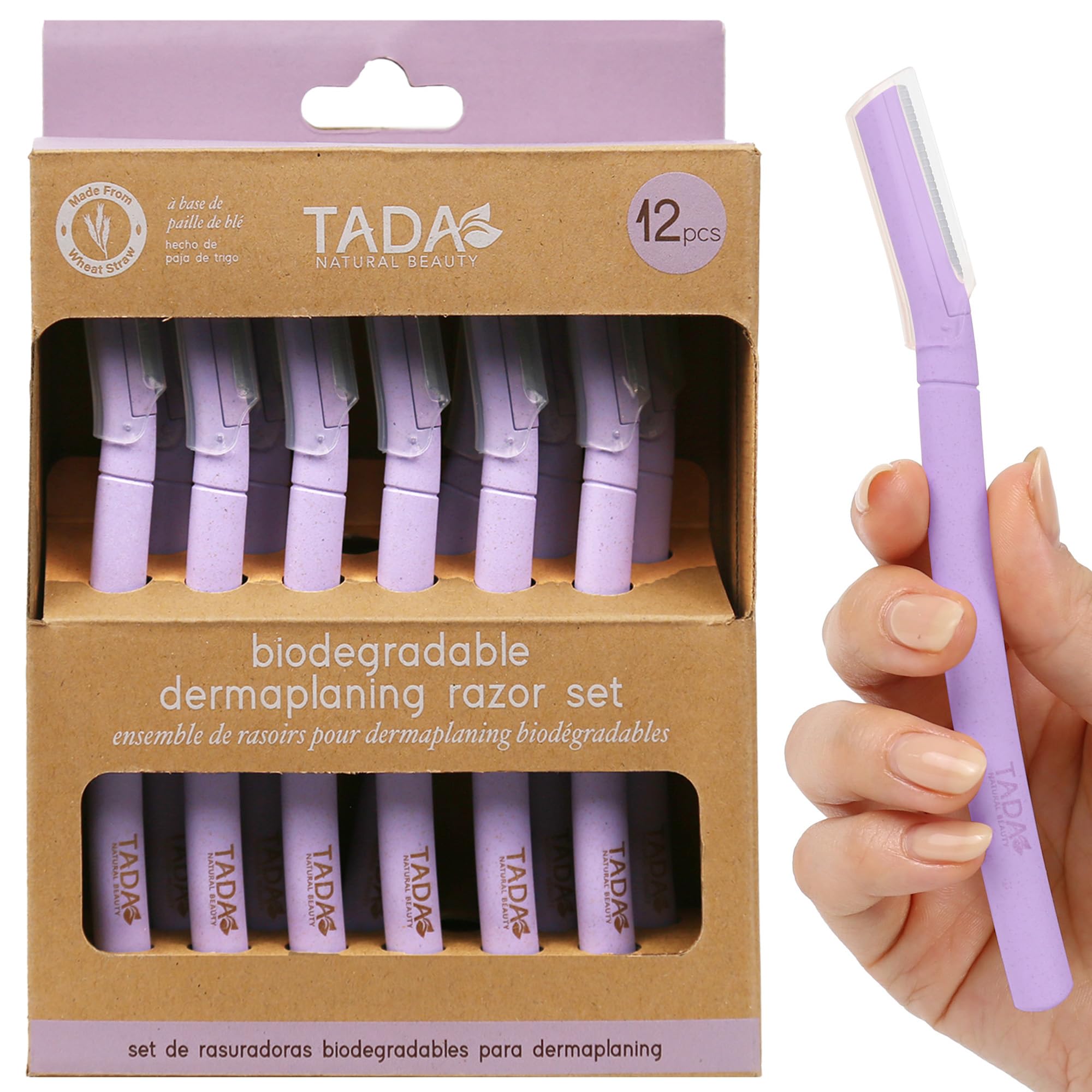 TADA BEAUTY Biodegradable Dermaplaning Tool 12pk, Face Eyebrow Face Razors, Face Shaver & Exfoliating (Lavender)