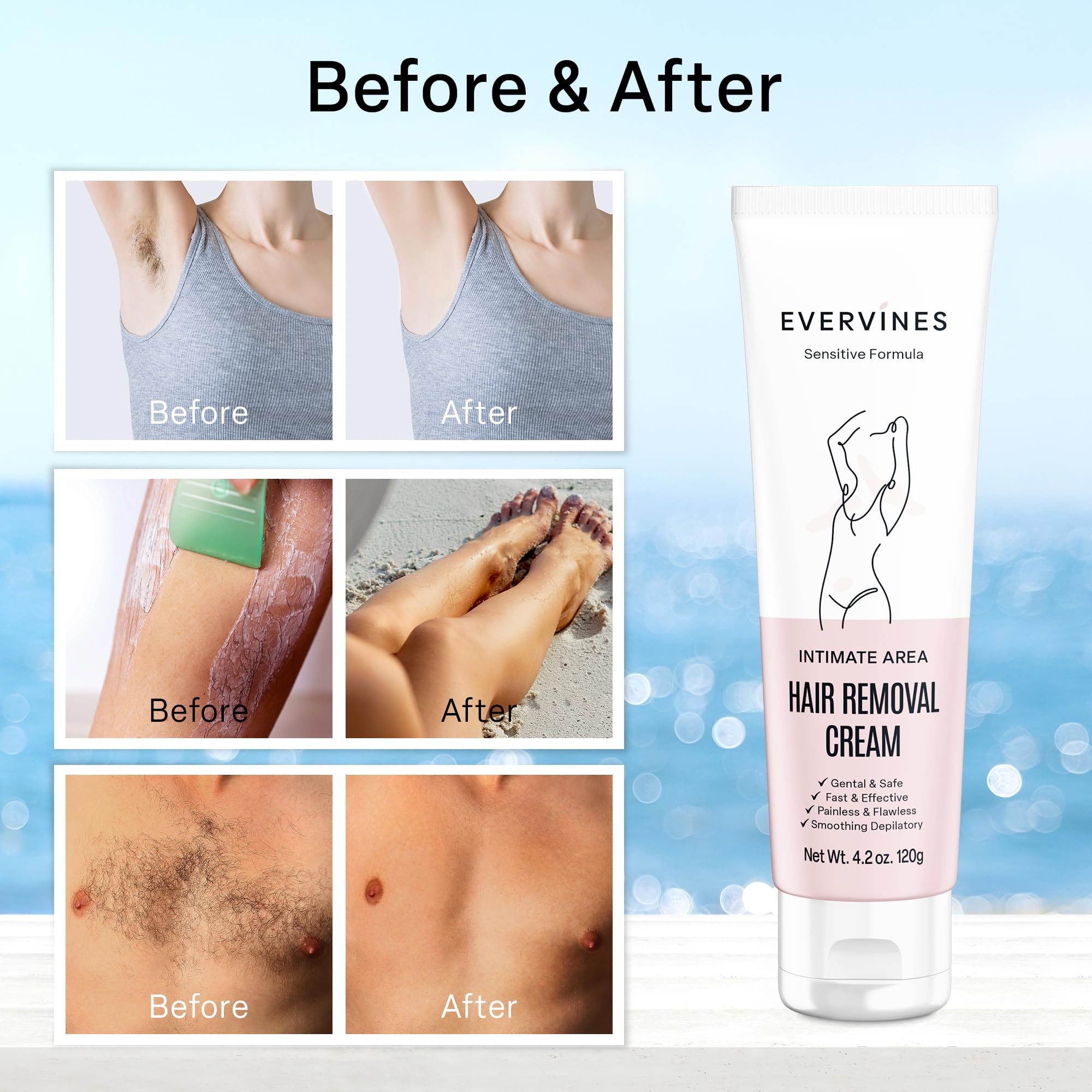 Evervines Hair Removal Cream for Women: Bikini Line Intimate Area Depilatory for Face Legs and Underarms - Gentle Formula for Home and Travel Use - Includes Scraper (4.2oz)