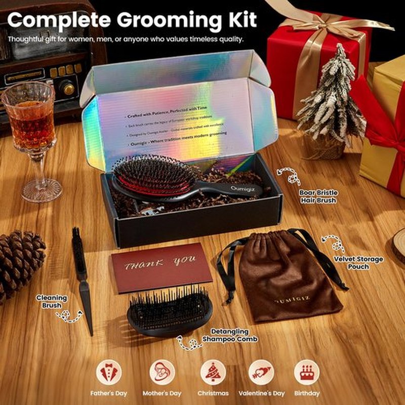 OUMIGIZ Boar Bristle Hair Brush Since 1965 British Craftsmanship, Handmade Natural Wood Slick Back Hairbrush, Soft Bristles Gentle Detangling Smoothing Women Men Kids Long Curly Thick,Thin, Fine Hair