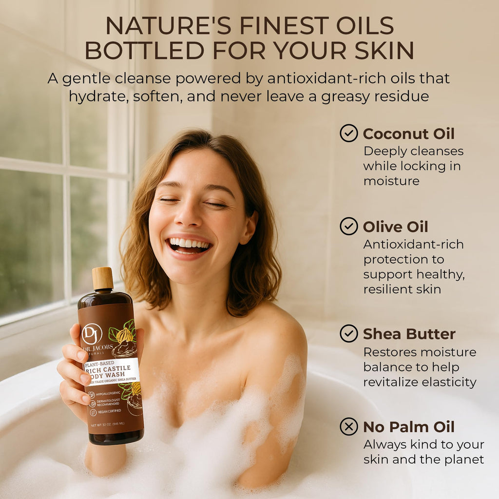 Dr. Jacobs Naturals Pure Castile Soap Liquid Body Wash, Shea Butter - Plant Based Soap Infused with Vitamin E and Aloe Vera to Moisturize Dry and Sensitive Skin - Made in The USA - 32 oz, Pack of 1