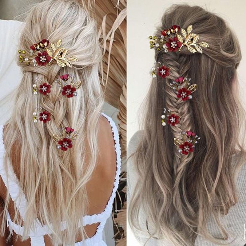 4 PCS Bridal Hair Pins with Crystal Pearl, Rhinestone Updo Headpiece for Brides, Bridesmaids, and Women - Gold Wedding Jewelry Accessories(Red)