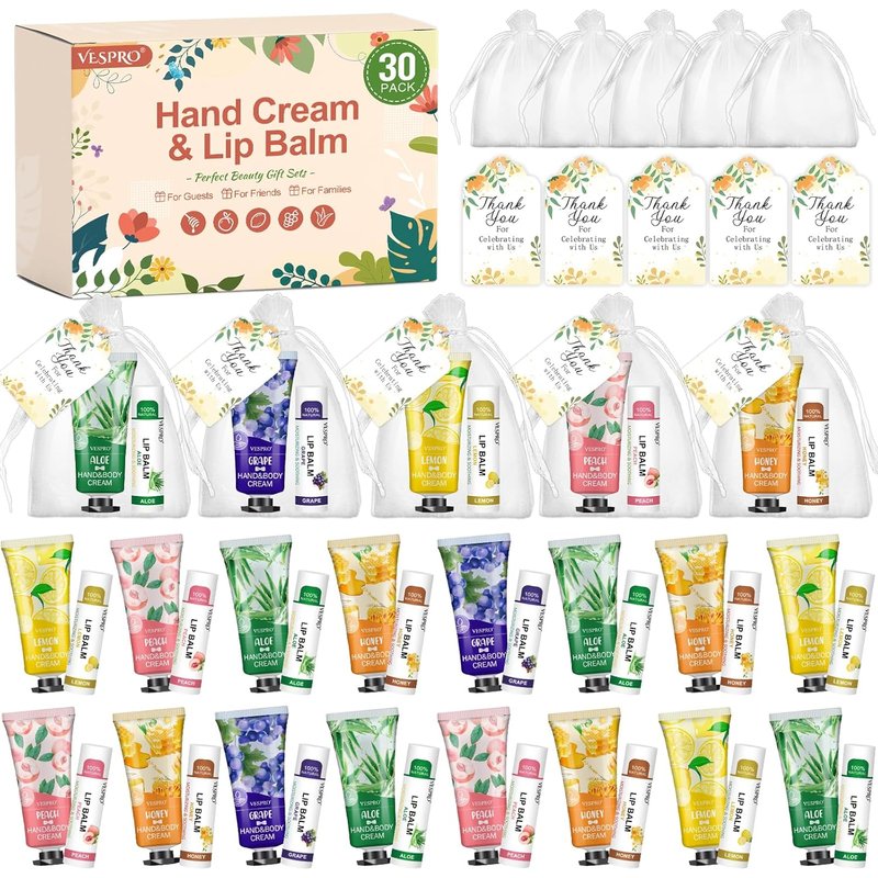 VESPRO Hand Cream & Lip Balm Set - 30 Pack Gift Set with Thank You Cards & Organza Bags | Perfect for Mother's Day, Weddings, Birthdays & Teacher Appreciation