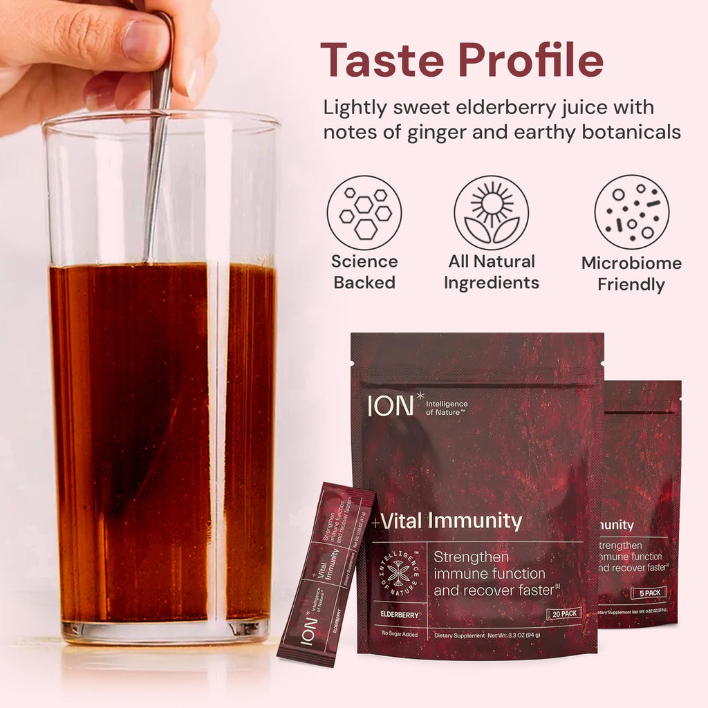 ION* Intelligence of Nature Vital Immunity Drink Mix - Immune Support with Vitamin C & Adaptogen Mushrooms, Daily Wellness Drink Packet Supplement, Travel Friendly - Elderberry Flavor, 20 Packets