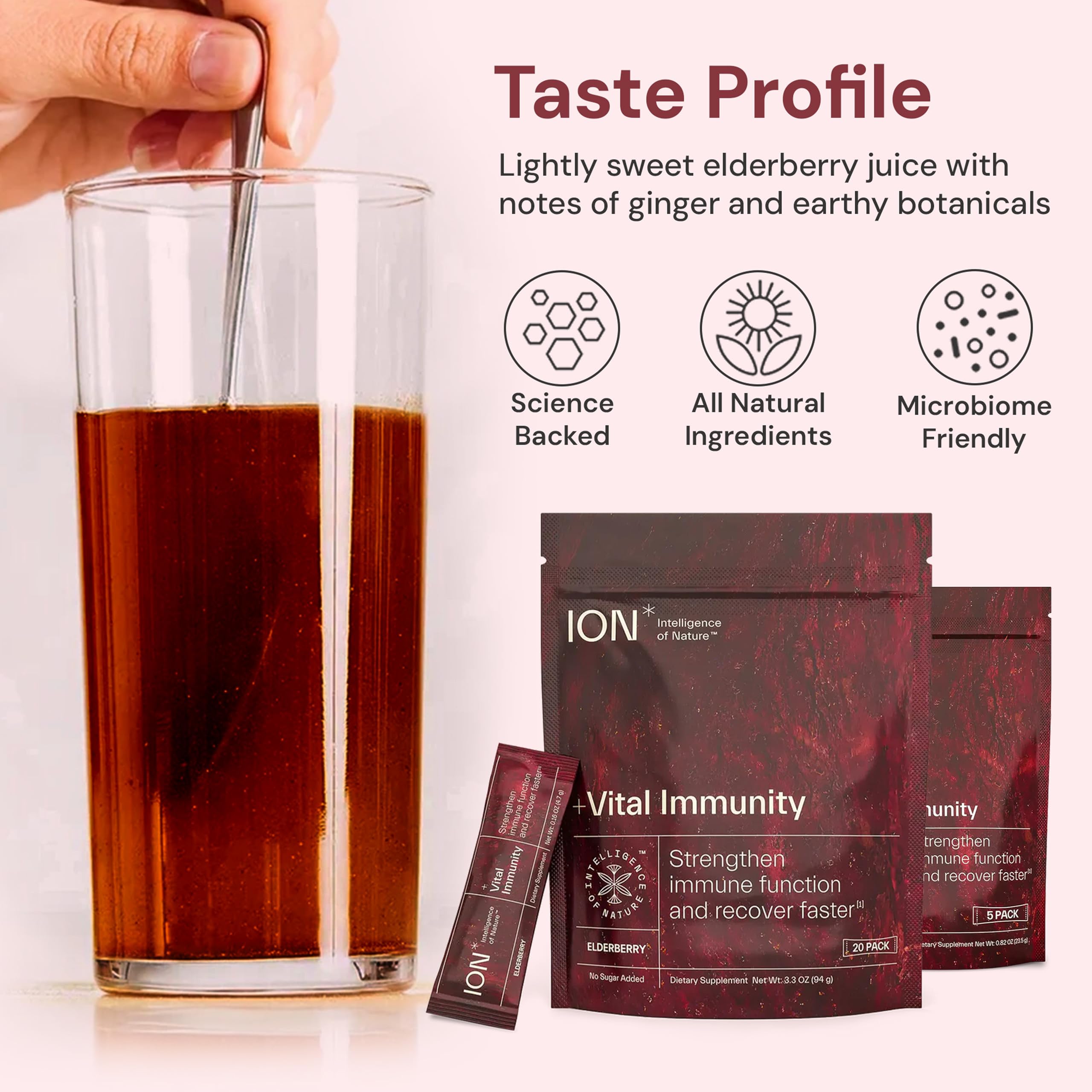 ION* Intelligence of Nature Vital Immunity Drink Mix - Immune Support with Vitamin C & Adaptogen Mushrooms, Daily Wellness Drink Packet Supplement, Travel Friendly - Elderberry Flavor, 20 Packets