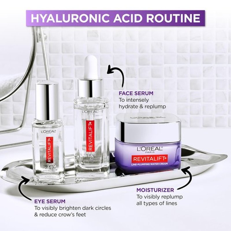 L'Oreal Paris Revitalift Hyaluronic Acid + Caffeine Hydrating Eye Serum for Dark Circles, Fragrance Free .67 fl. oz + Moisturizer Sample