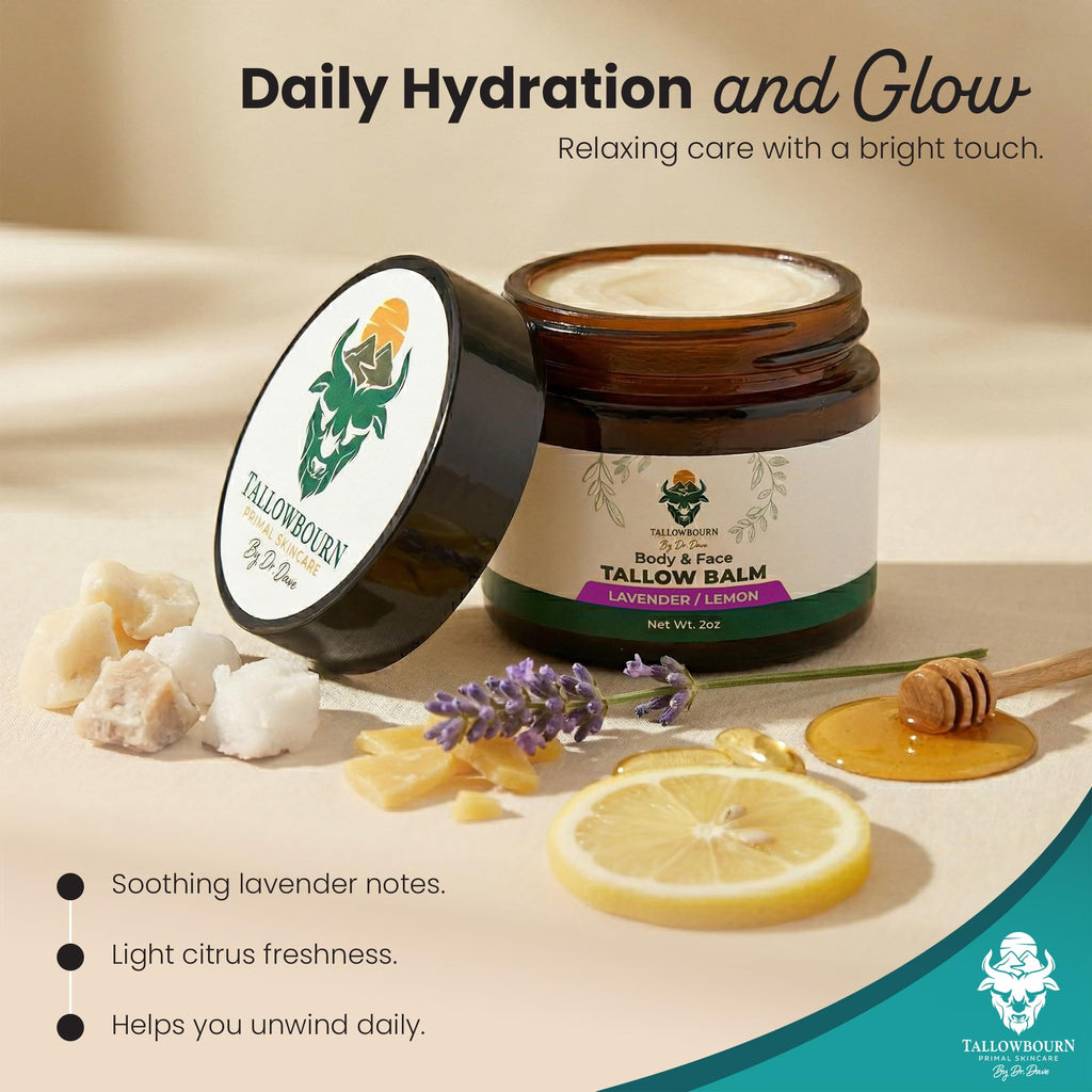 Tallowbourn Grass-Fed Beef Tallow Balm for Face & Body – Nourishing Moisturizer with Shea Butter, Jojoba Oil, Honey & Beeswax – Revitalizing Hydration for Dry Skin – Lavender and Lemon – 2 oz