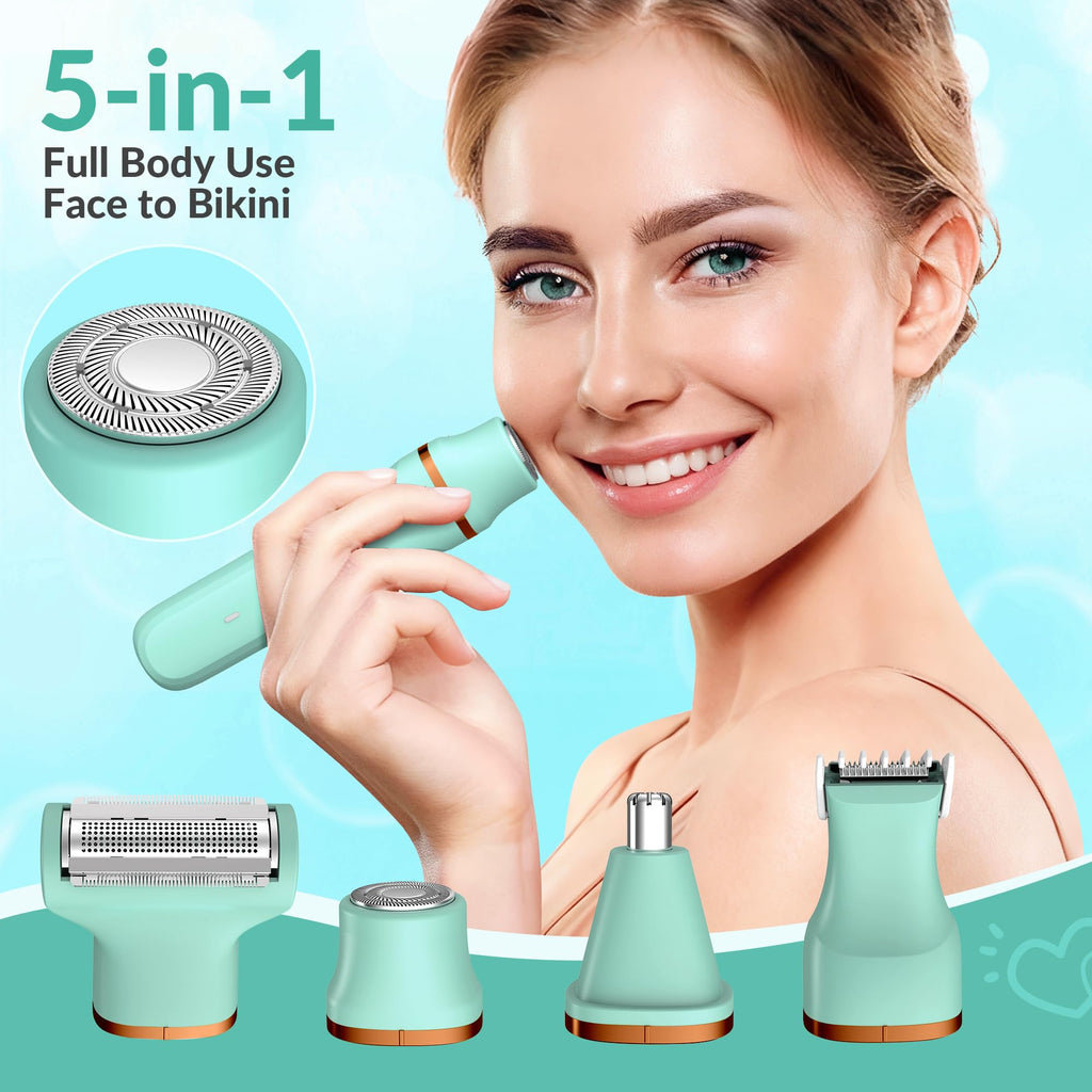 KINGTEE 5-in-1 Electric Bikini Trimmer for Women – IPX7 Waterproof Shaver, Cordless Body & Facial Razors for Women, Ceramic Blades, USB-C Rechargeable, Painless Hair Removal Kit (Pure Green)