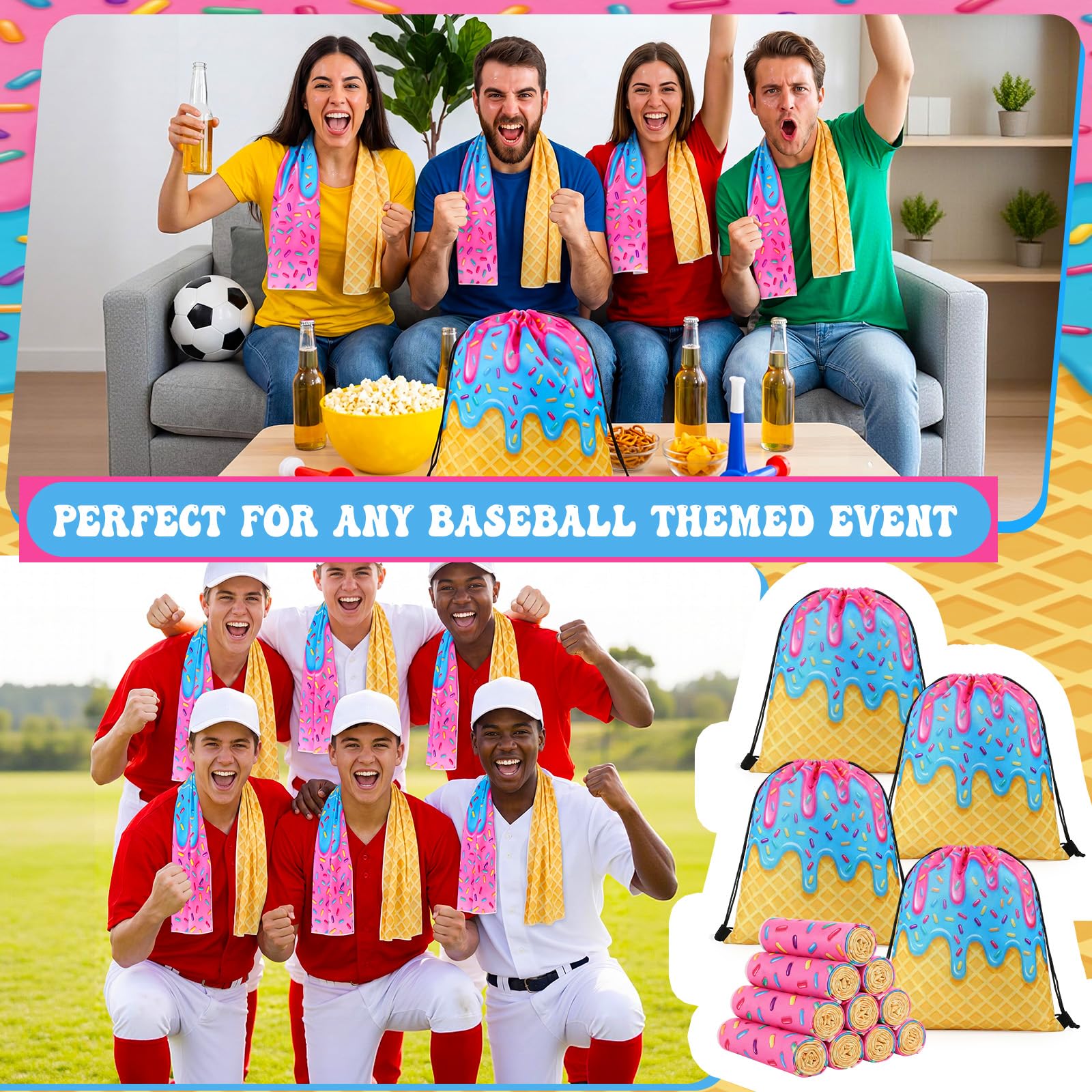 Peryiter 24 Pcs Ice Cream Drip Baseball Party Favors 12 Cooling Towels 12 Drip Drawstring Bags Bulk Sport Gifts for Teams Summer Camping Yoga Running Supplies, Chilly and Absorbent
