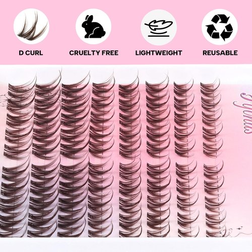 Fyonas Brown Lash Clusters Manga Eyelash Clusters Spiky Cluster Eyelash Extensions 80Pcs D Curl Individual Lashes Volume Anime Lash Clusters with Thin Band Cosplay Lashes DIY at Home (Cutey Brown)