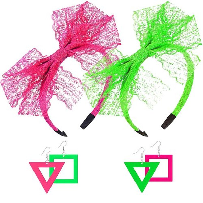 Ricawa 80s Earrings and Headband Set - 4pk, 80 Accessories for Halloween Costume | Neon Earrings | Lace Bow Hair Accessories | Retro Outfit for Women
