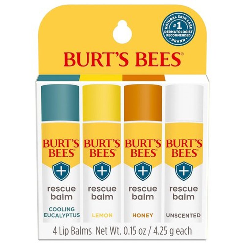 Burt's Bees Natural Rescue Lip Balm - Cooling Eucalyptus & Lemon - 4 Tubes, Unscented