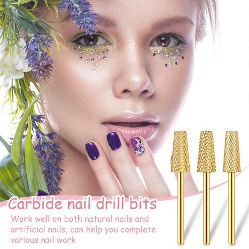 3 Pieces Tapered Barrel Carbide Nail Drill Bit, 3 Sizes Carbide Nail Drill Bit Acrylic File Cuticle, Art Tools for Gel Manicure Pedicure(XF, F, M,Gold)