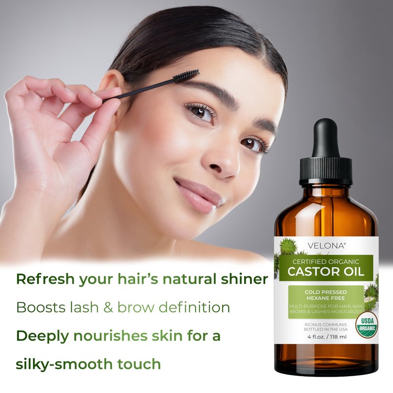 velona USDA Certified Organic Castor Oil - 4 fl oz (With Dropper) | For Hair, Boost Eyelashes, Eyebrows | Cold pressed, Natural Oil USP Grade | Hexane Free