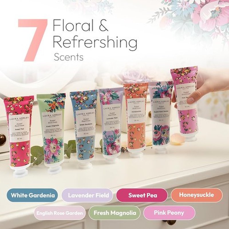 Laura Ashley Hand Cream Set - 7-Piece Moisturizing Lotion Collection for Dry Skin | Travel Size 30ml