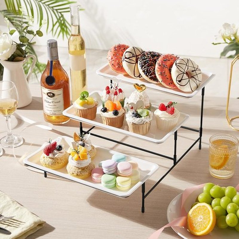 Lifewit 3-Tier Serving Tray - White Plastic Tiered Food Platter with Black Metal Stand | 30 x 17 cm