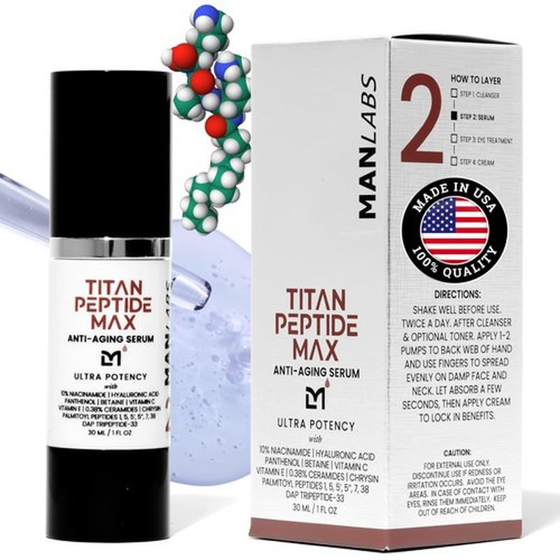 Man Labs Titan MAX Anti-Aging Peptides Serum for Face – Utra Potency Mens Peptide Serum Moisturizer – Skin Care Men – Face Serum Men – Anti Aging Serum – 10% Niacinamide, HA – All Skin Types–Unscented