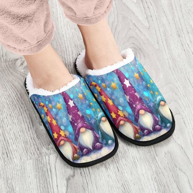 Dussdil Snowflakes Gnomes House Slippers Blue Snow Glitter Home Spa Slippers Memory Foam Closed Toe Slipper Non Slip for Hotel Bedroom Travel Shoes Women Men M