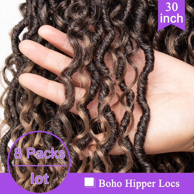 ZRQ 30 Inch Goddess Locs Crochet Hair 8Packs Boho Faux Locs Croceht Braids, Pre Looped Long Bohemian Locs Crochet Hair Ombre Hippie Locs Hair Extension T27#