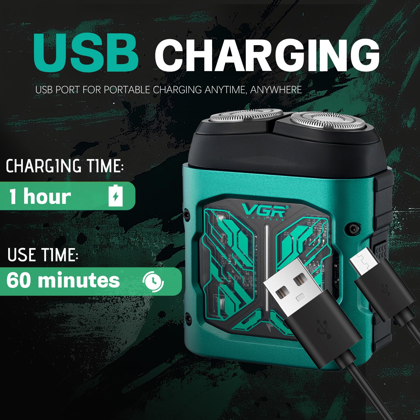 VGR 344 Mini Electric Shaver - USB Rechargeable Dual-Ring Rotary Razor, Portable IPX6 Wet/Dry Waterproof Face Shavers for Men, 8000 RPM Travel Electric Razor with Magnetic Cutter, Green