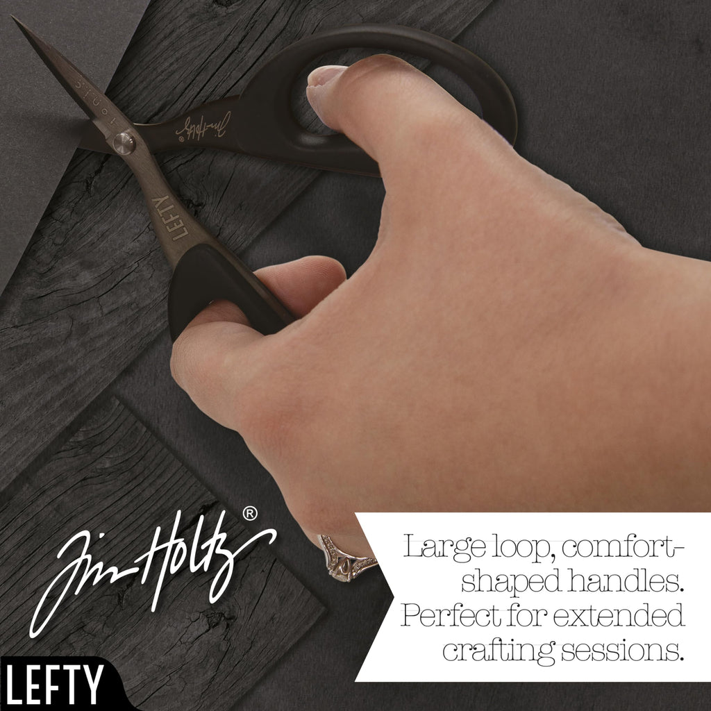 Tim Holtz Left Handed Scissors - 5 Inch Mini Snips with Micro Serrated Blade - Lefty Craft Tool for Cutting Paper, Fabric, and Sewing - Titanium with Black Comfort Grip Handles