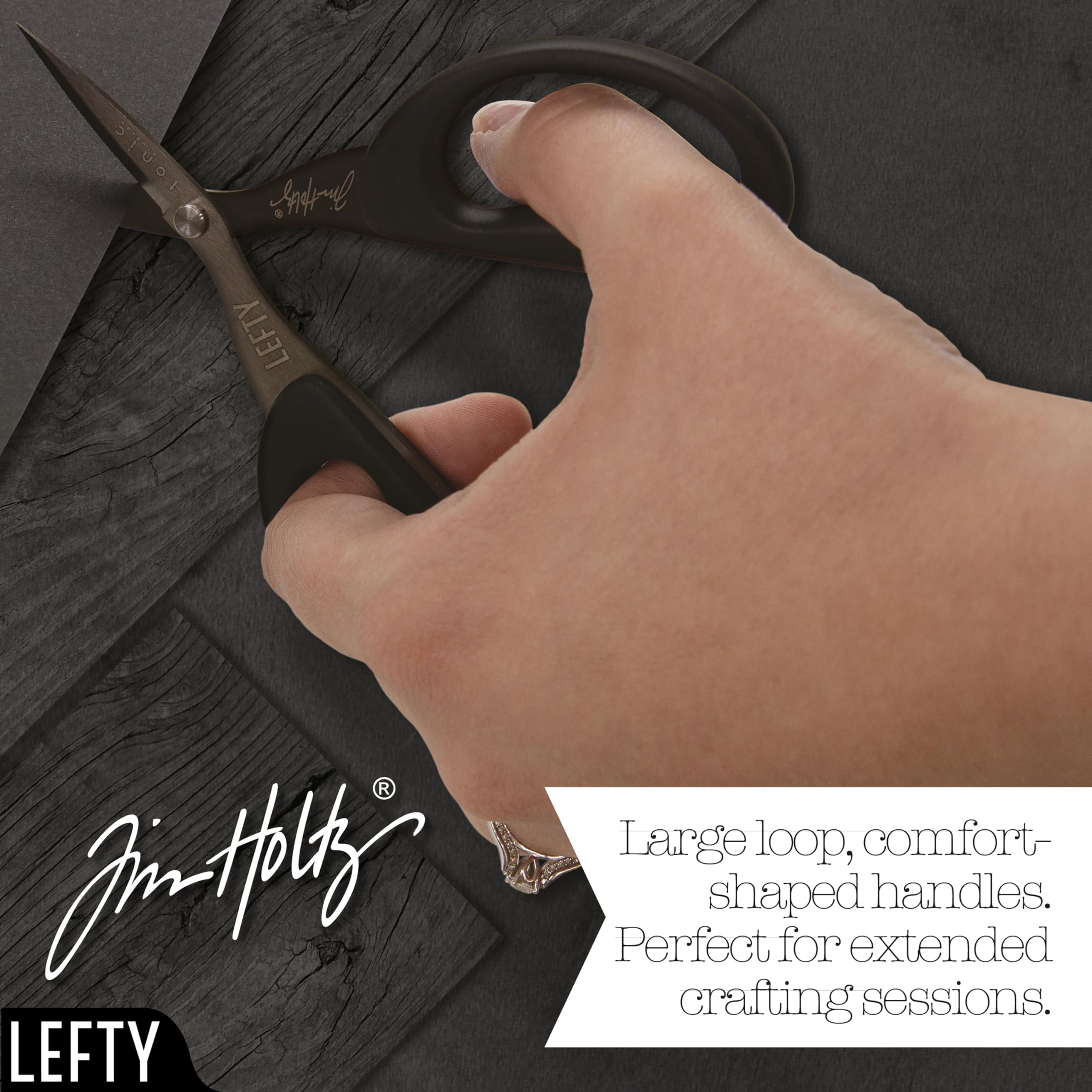 Tim Holtz Left Handed Scissors - 5 Inch Mini Snips with Micro Serrated Blade - Lefty Craft Tool for Cutting Paper, Fabric, and Sewing - Titanium with Black Comfort Grip Handles