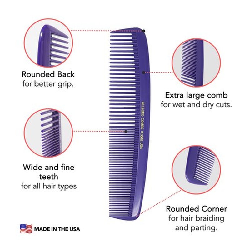 Allegro Combs 1000 X-Large Styling Comb Hair Cutting Barber Stylist Combs All Purpose Wide And Fine Tooth Made In The USA. 1 Pc. (Purple)