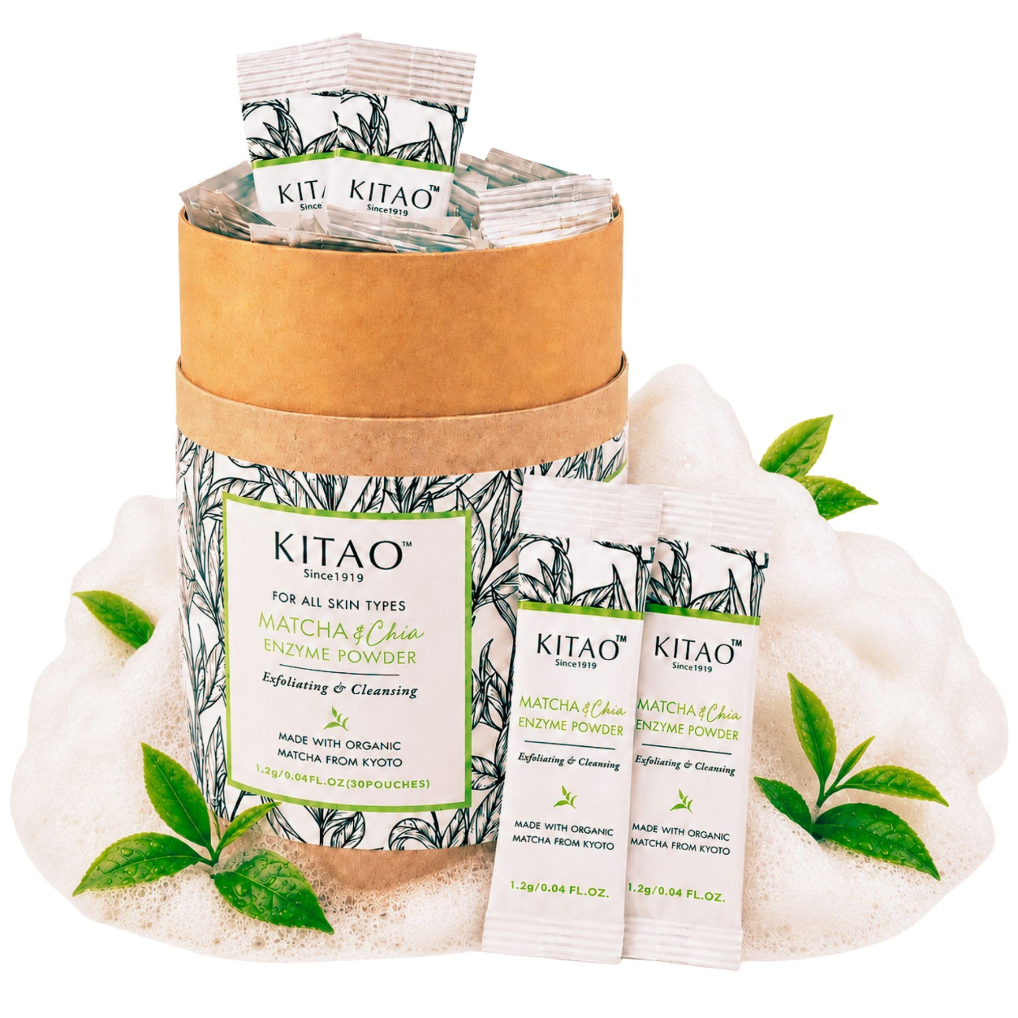 KITAO Exfoliating Enzyme Powder Face Wash for Women 30 Count, Foam Face Wash Powder Travel Size with ECOCERT Certified Matcha, Chia, Quinoa Seed& Ceramides, Foaming Facial Cleanser for Men from Japan