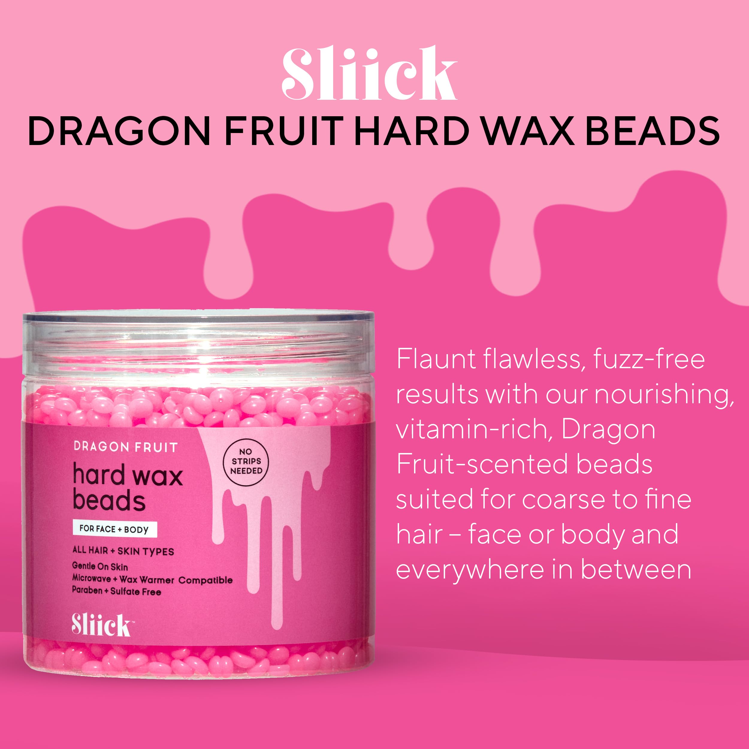 Sliick Hard Wax Beads for Hair Removal, Dragon Fruit - Stripless Wax Beads for Face, Body, & Sensitive Skin, 8 oz